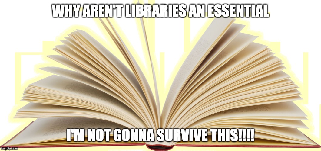 Libraries should have a takeout... | WHY AREN'T LIBRARIES AN ESSENTIAL; I'M NOT GONNA SURVIVE THIS!!!! | image tagged in open book,library,quarantine | made w/ Imgflip meme maker