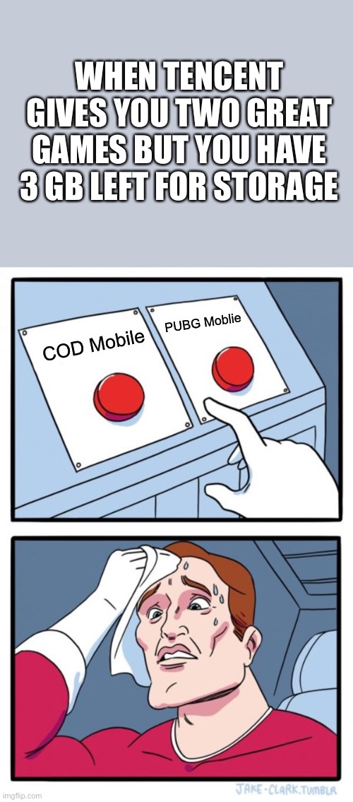 Happens to people who have too much games in their phone | WHEN TENCENT GIVES YOU TWO GREAT GAMES BUT YOU HAVE 3 GB LEFT FOR STORAGE; PUBG Moblie; COD Mobile | image tagged in memes,two buttons | made w/ Imgflip meme maker