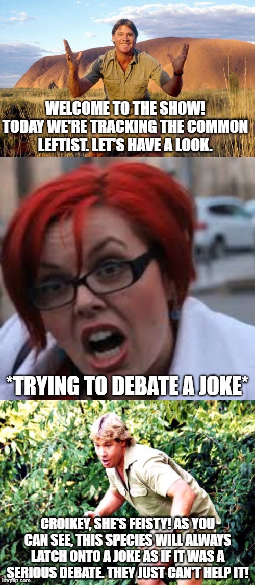 They just can't help it. |  WELCOME TO THE SHOW! TODAY WE'RE TRACKING THE COMMON LEFTIST. LET'S HAVE A LOOK. *TRYING TO DEBATE A JOKE*; CROIKEY, SHE'S FEISTY! AS YOU CAN SEE, THIS SPECIES WILL ALWAYS LATCH ONTO A JOKE AS IF IT WAS A SERIOUS DEBATE. THEY JUST CAN'T HELP IT! | image tagged in sjw triggered,steve irwin crocodile hunter,crocodile hunter steve irwin | made w/ Imgflip meme maker