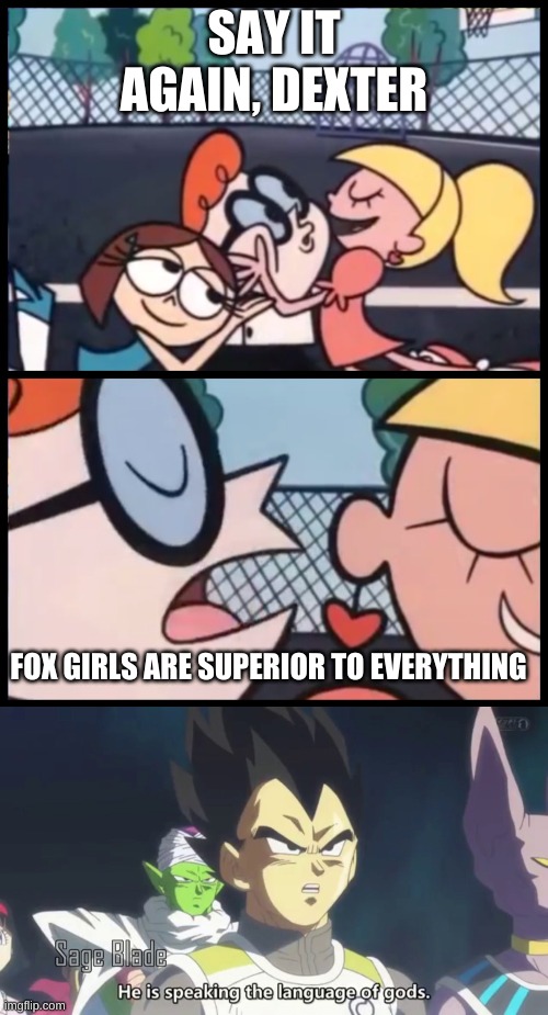 SAY IT AGAIN, DEXTER; FOX GIRLS ARE SUPERIOR TO EVERYTHING | image tagged in memes,say it again dexter,he is speaking the language of the gods | made w/ Imgflip meme maker