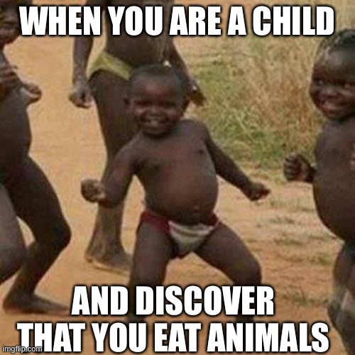 Eat animals | WHEN YOU ARE A CHILD; AND DISCOVER THAT YOU EAT ANIMALS | image tagged in memes,third world success kid | made w/ Imgflip meme maker