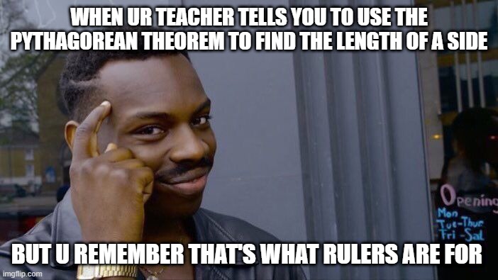 Roll Safe Think About It Meme | WHEN UR TEACHER TELLS YOU TO USE THE PYTHAGOREAN THEOREM TO FIND THE LENGTH OF A SIDE; BUT U REMEMBER THAT'S WHAT RULERS ARE FOR | image tagged in memes,roll safe think about it | made w/ Imgflip meme maker