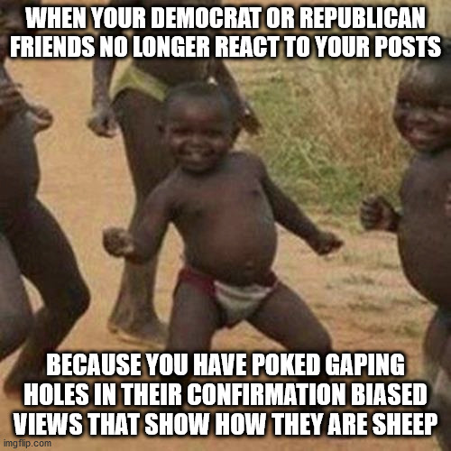 Confiramtion Bias | WHEN YOUR DEMOCRAT OR REPUBLICAN FRIENDS NO LONGER REACT TO YOUR POSTS; BECAUSE YOU HAVE POKED GAPING HOLES IN THEIR CONFIRMATION BIASED VIEWS THAT SHOW HOW THEY ARE SHEEP | image tagged in memes,third world success kid,bias,liberal bias,conservative bias | made w/ Imgflip meme maker