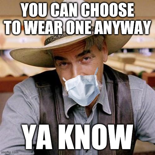 Don't do it because the government did or didn't tell you to. Do it because it's a good idea! | YOU CAN CHOOSE TO WEAR ONE ANYWAY; YA KNOW | image tagged in sarcasm cowboy,face mask,social distancing,covid-19,coronavirus,conservative logic | made w/ Imgflip meme maker