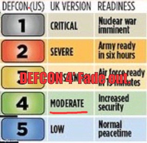 DEFCON 4’ FADE OUT! | DEFCON 4’ Fade out. | image tagged in defcon | made w/ Imgflip meme maker