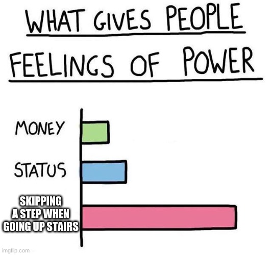 What gives people feelings of power | SKIPPING A STEP WHEN GOING UP STAIRS | image tagged in what gives people feelings of power | made w/ Imgflip meme maker