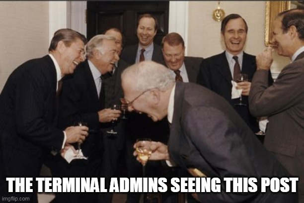 Laughing Men In Suits Meme | THE TERMINAL ADMINS SEEING THIS POST | image tagged in memes,laughing men in suits | made w/ Imgflip meme maker