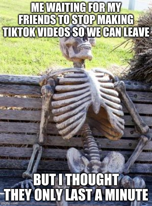 Waiting Skeleton | ME WAITING FOR MY FRIENDS TO STOP MAKING TIKTOK VIDEOS SO WE CAN LEAVE; BUT I THOUGHT THEY ONLY LAST A MINUTE | image tagged in memes,waiting skeleton | made w/ Imgflip meme maker