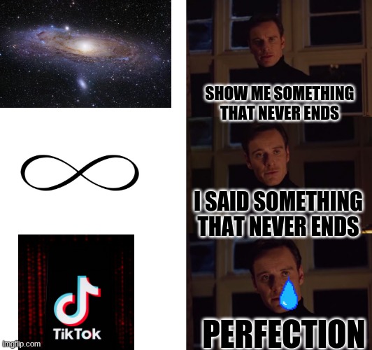 I wish it would end | SHOW ME SOMETHING THAT NEVER ENDS; I SAID SOMETHING THAT NEVER ENDS; PERFECTION | image tagged in perfection | made w/ Imgflip meme maker