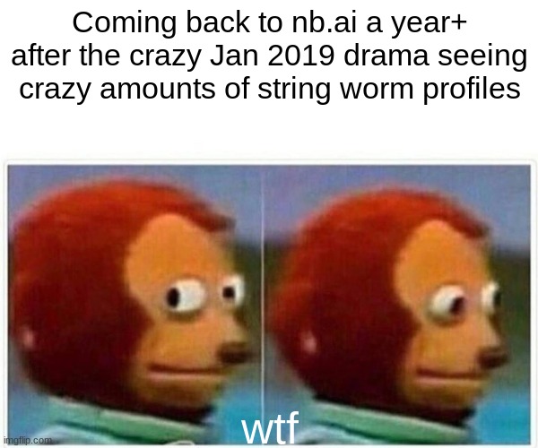 Monkey Puppet Meme |  Coming back to nb.ai a year+ after the crazy Jan 2019 drama seeing crazy amounts of string worm profiles; wtf | image tagged in memes,monkey puppet | made w/ Imgflip meme maker