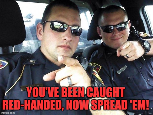 Cops | YOU'VE BEEN CAUGHT RED-HANDED, NOW SPREAD 'EM! | image tagged in cops | made w/ Imgflip meme maker