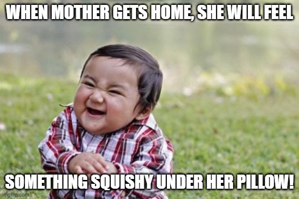 Evil Toddler | WHEN MOTHER GETS HOME, SHE WILL FEEL; SOMETHING SQUISHY UNDER HER PILLOW! | image tagged in memes,evil toddler | made w/ Imgflip meme maker