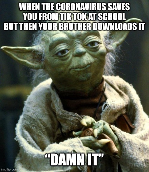 Star Wars Yoda | WHEN THE CORONAVIRUS SAVES YOU FROM TIK TOK AT SCHOOL BUT THEN YOUR BROTHER DOWNLOADS IT; “DAMN IT” | image tagged in memes,star wars yoda | made w/ Imgflip meme maker