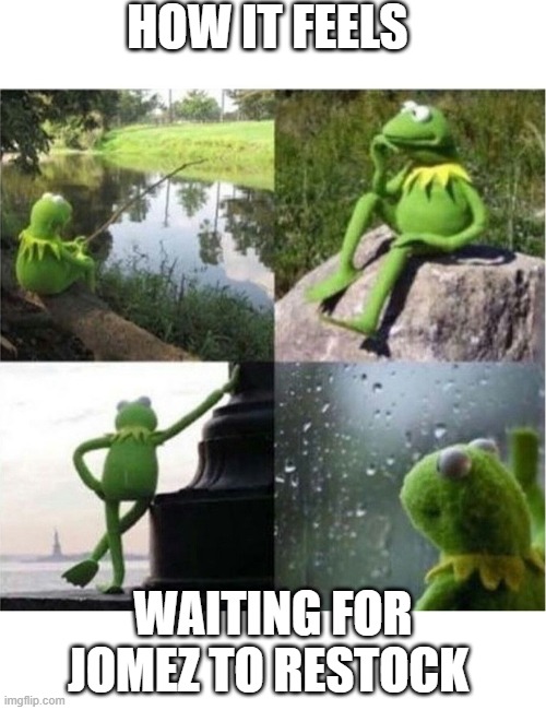 blank kermit waiting | HOW IT FEELS; WAITING FOR JOMEZ TO RESTOCK | image tagged in blank kermit waiting,discgolf | made w/ Imgflip meme maker