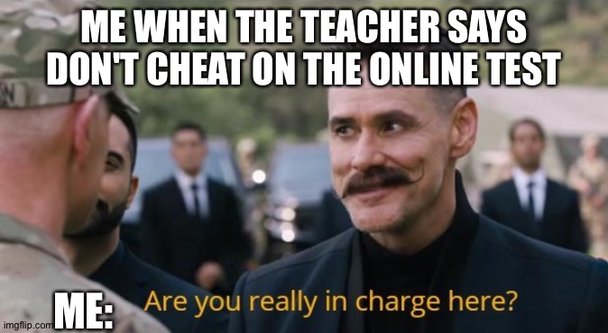 Are you really in charge here? | ME WHEN THE TEACHER SAYS DON'T CHEAT ON THE ONLINE TEST; ME: | image tagged in are you really in charge here | made w/ Imgflip meme maker