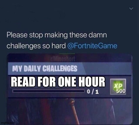 Fortnite Challenge | READ FOR ONE HOUR | image tagged in fortnite challenge | made w/ Imgflip meme maker