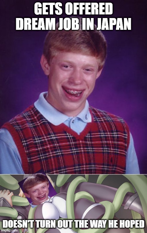 GETS OFFERED DREAM JOB IN JAPAN; DOESN'T TURN OUT THE WAY HE HOPED | image tagged in memes,bad luck brian,tentacle anime | made w/ Imgflip meme maker