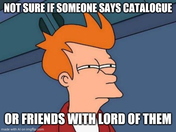 Futurama Fry | NOT SURE IF SOMEONE SAYS CATALOGUE; OR FRIENDS WITH LORD OF THEM | image tagged in memes,futurama fry | made w/ Imgflip meme maker