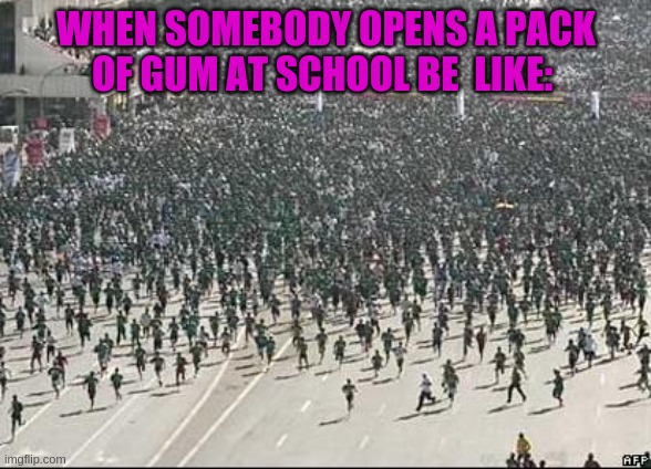 Crowd Rush | WHEN SOMEBODY OPENS A PACK OF GUM AT SCHOOL BE  LIKE: | image tagged in crowd rush | made w/ Imgflip meme maker