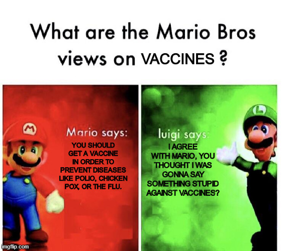What are the Mario Bros. Views on Vaccines? | VACCINES; YOU SHOULD GET A VACCINE IN ORDER TO PREVENT DISEASES LIKE POLIO, CHICKEN POX, OR THE FLU. I AGREE WITH MARIO, YOU THOUGHT I WAS GONNA SAY SOMETHING STUPID AGAINST VACCINES? | image tagged in what are the mario bros views on | made w/ Imgflip meme maker