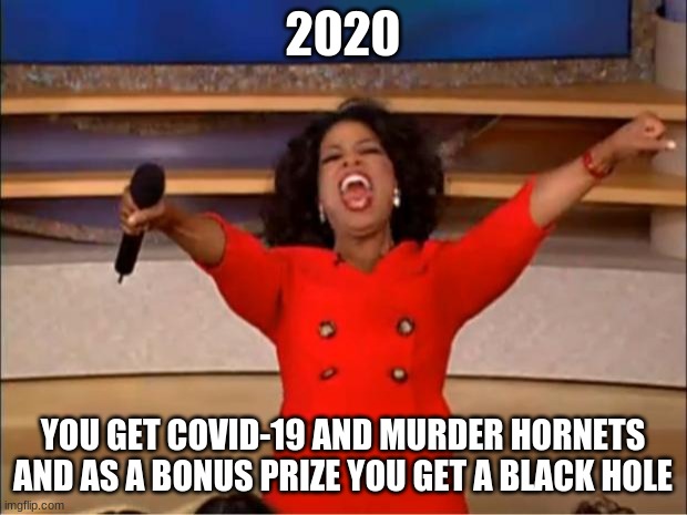 Oprah You Get A | 2020; YOU GET COVID-19 AND MURDER HORNETS AND AS A BONUS PRIZE YOU GET A BLACK HOLE | image tagged in memes,oprah you get a | made w/ Imgflip meme maker