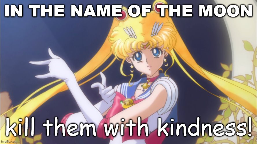Great advice. Caveat: Doesn't always work on the most hateful trolls, but nothing does. | IN THE NAME OF THE MOON kill them with kindness! | image tagged in i'll punish you,good advice,advice,internet trolls,kindness,sailor moon | made w/ Imgflip meme maker