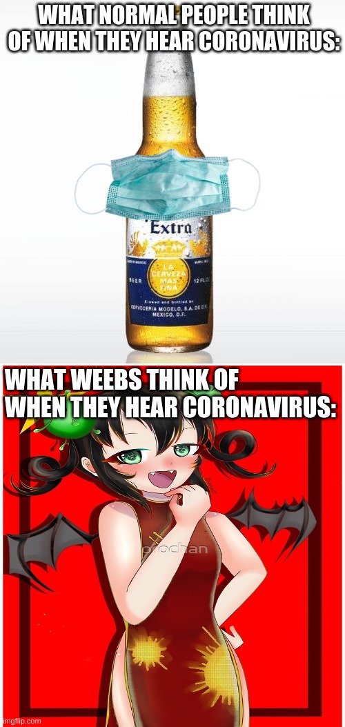 Corona-chan | WHAT NORMAL PEOPLE THINK OF WHEN THEY HEAR CORONAVIRUS:; WHAT WEEBS THINK OF WHEN THEY HEAR CORONAVIRUS: | image tagged in memes,corona,coronavirus meme,anime | made w/ Imgflip meme maker