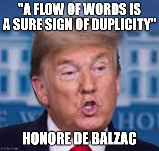 Bloviator in Chief | "A FLOW OF WORDS IS A SURE SIGN OF DUPLICITY"; HONORE DE BALZAC | image tagged in donald trump | made w/ Imgflip meme maker