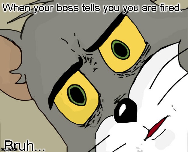 Unsettled Tom | When your boss tells you you are fired. Bruh... | image tagged in memes,unsettled tom | made w/ Imgflip meme maker