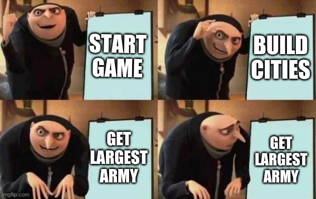 Gru's Plan Meme | START GAME; BUILD CITIES; GET LARGEST ARMY; GET LARGEST ARMY | image tagged in gru's plan | made w/ Imgflip meme maker