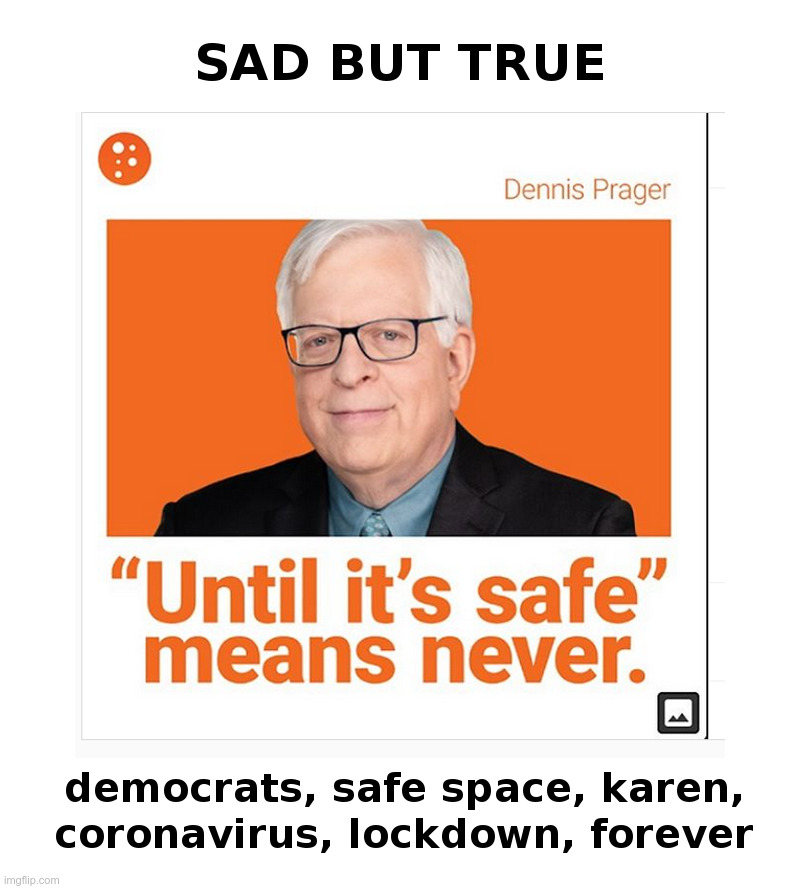 Sad But True: Until It's Safe Means Never | image tagged in democrats,safe space,karen,coronavirus,lockdown,forever | made w/ Imgflip meme maker