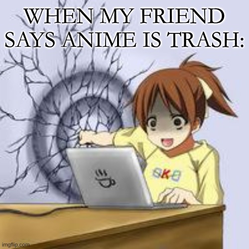 this happened irl | WHEN MY FRIEND SAYS ANIME IS TRASH: | image tagged in anime wall punch | made w/ Imgflip meme maker