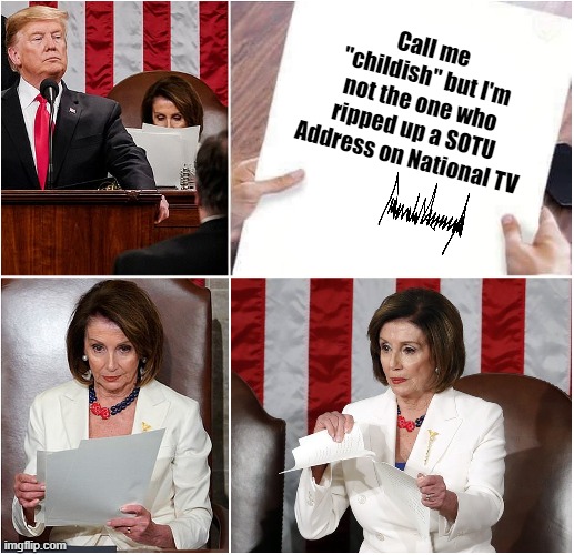 Pelosi Tears Speech | Call me "childish" but I'm not the one who ripped up a SOTU Address on National TV | image tagged in pelosi tears speech | made w/ Imgflip meme maker