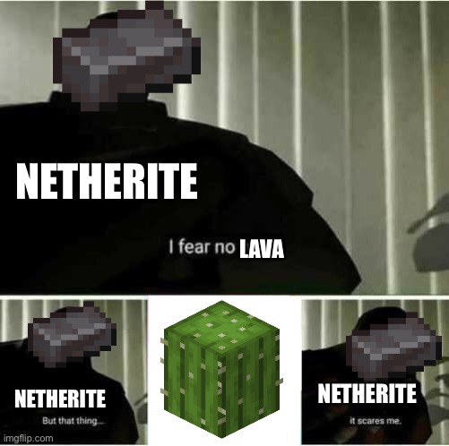 The unbreakable is declared fragile | NETHERITE; LAVA; NETHERITE; NETHERITE | image tagged in i fear no man,minecraft | made w/ Imgflip meme maker