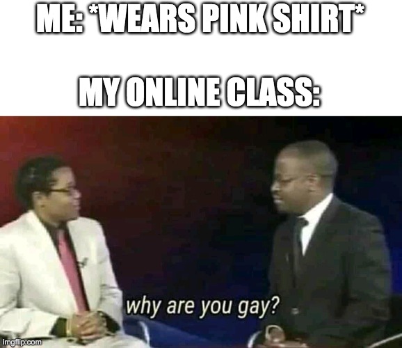 Pink Shirt |  ME: *WEARS PINK SHIRT*; MY ONLINE CLASS: | image tagged in why are you gay,pink,boy,memes,funny | made w/ Imgflip meme maker