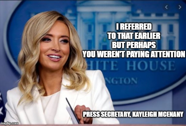 KM | I REFERRED TO THAT EARLIER BUT PERHAPS YOU WEREN'T PAYING ATTENTION; PRESS SECRETARY, KAYLEIGH MCENANY | image tagged in kayleigh mcenany | made w/ Imgflip meme maker