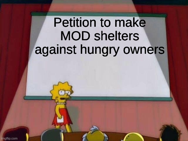 KillerInTheBedroom's Presentation | Petition to make MOD shelters against hungry owners | image tagged in only with owners approval,ironic,lol,memes,i don't give shit about tags | made w/ Imgflip meme maker