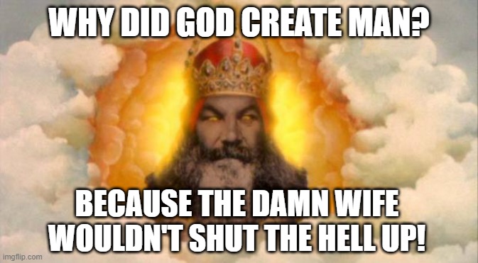 Make Man in Thine Image | WHY DID GOD CREATE MAN? BECAUSE THE DAMN WIFE WOULDN'T SHUT THE HELL UP! | image tagged in monty python god | made w/ Imgflip meme maker