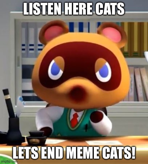 End memecats | LISTEN HERE CATS; LETS END MEME CATS! | image tagged in tom nook | made w/ Imgflip meme maker