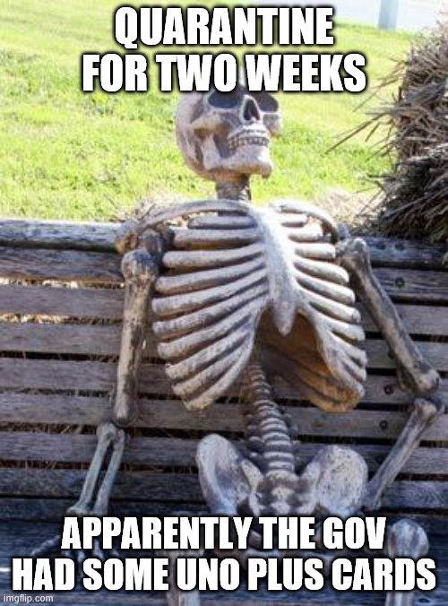 Uno plus | QUARANTINE FOR TWO WEEKS; APPARENTLY THE GOV HAD SOME UNO PLUS CARDS | image tagged in memes,waiting skeleton | made w/ Imgflip meme maker