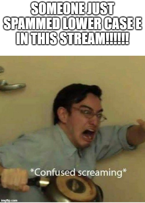 confused screaming | SOMEONE JUST SPAMMED LOWER CASE E IN THIS STREAM!!!!!! | image tagged in confused screaming | made w/ Imgflip meme maker