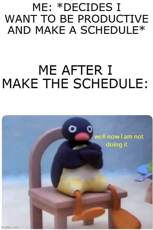 Anyone else? | ME: *DECIDES I WANT TO BE PRODUCTIVE AND MAKE A SCHEDULE*; ME AFTER I MAKE THE SCHEDULE: | image tagged in blank white template,well now i'm not doing it | made w/ Imgflip meme maker