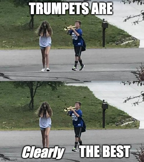 TRUMPETS ARE AWESOME!!!! | TRUMPETS ARE; Clearly; THE BEST | image tagged in trumpet boy object labeling,trumpet girl | made w/ Imgflip meme maker