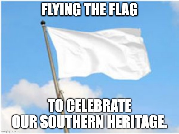 White flag | FLYING THE FLAG; TO CELEBRATE OUR SOUTHERN HERITAGE. | image tagged in white flag | made w/ Imgflip meme maker