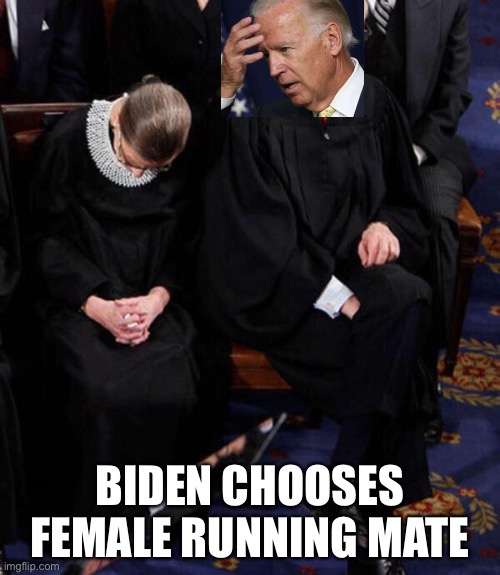 Justice Ginsberg | BIDEN CHOOSES FEMALE RUNNING MATE | image tagged in justice ginsberg | made w/ Imgflip meme maker
