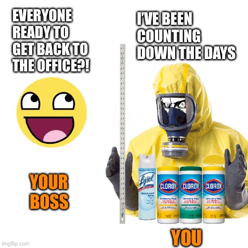 Back To The Office During Coronavirus Quarantine | EVERYONE READY TO GET BACK TO THE OFFICE?! I’VE BEEN COUNTING DOWN THE DAYS; YOUR BOSS; YOU | image tagged in lysol office | made w/ Imgflip meme maker