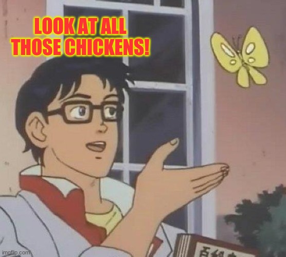 Is This A Pigeon Meme | LOOK AT ALL THOSE CHICKENS! | image tagged in memes,is this a pigeon | made w/ Imgflip meme maker