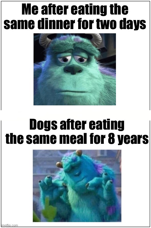 Blank Comic Panel 1x2 Meme | Me after eating the same dinner for two days; Dogs after eating the same meal for 8 years | image tagged in memes,blank comic panel 1x2 | made w/ Imgflip meme maker