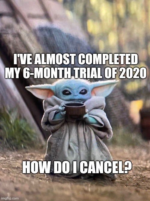 2020 trial | I'VE ALMOST COMPLETED MY 6-MONTH TRIAL OF 2020; HOW DO I CANCEL? | image tagged in baby yoda tea | made w/ Imgflip meme maker