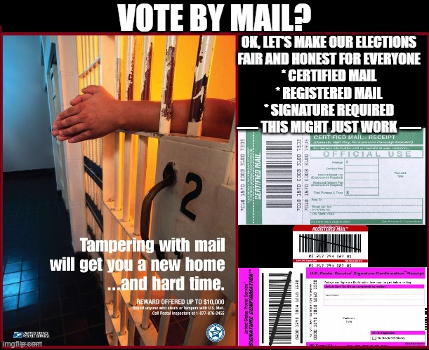 OK, Let's Vote By Mail | VOTE BY MAIL? OK, LET'S MAKE OUR ELECTIONS
FAIR AND HONEST FOR EVERYONE
* CERTIFIED MAIL
* REGISTERED MAIL
* SIGNATURE REQUIRED
----- THIS MIGHT JUST WORK ----- | image tagged in vote,election,fair,vote by mail,certified,registered | made w/ Imgflip meme maker